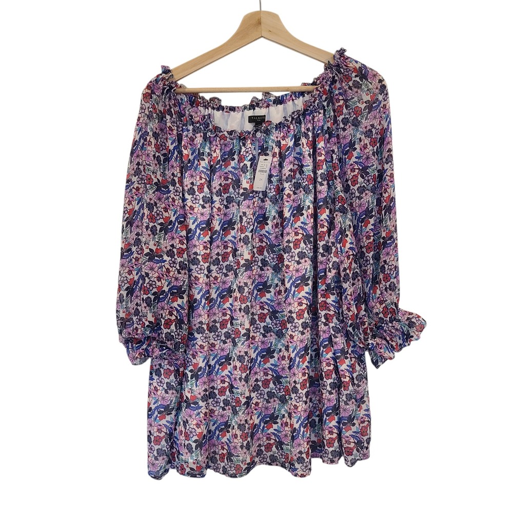 Talbots Plus Womens 3X Floral Ruffle Neck Keyhole Blouse 3/4 Sleeve Multi-Color